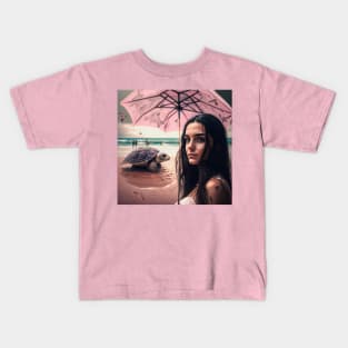 Beach Daydream - Woman with pink umbrella and a turtle in the beach. Kids T-Shirt